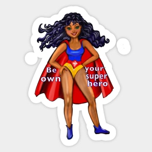 Be your own superhero  - Black anime superhero girl with flowing hair and red cape ! beautiful  black girl with Afro hair, brown eyes, Cherry pink lips and dark brown skin. Hair love ! Sticker